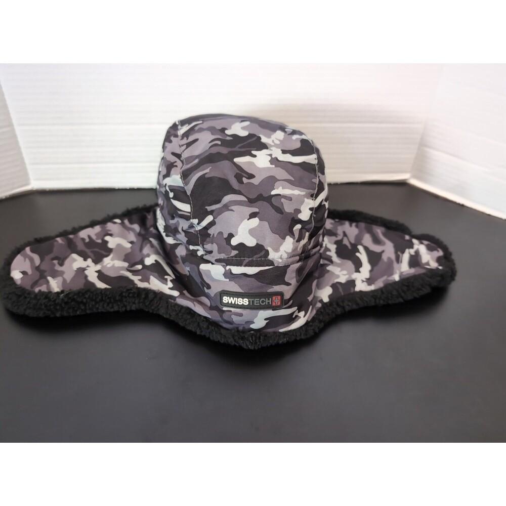 SWISS TECH HAT Black Camo Sherpa Ear Flaps Fleece Insulated Unisex ONE SIZE